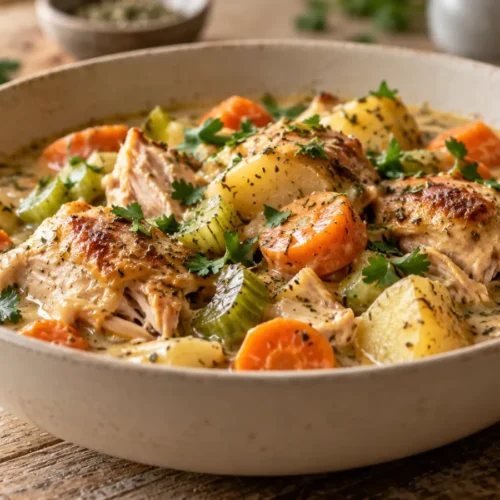 A shallow ceramic bowl filled with creamy chicken stew featuring chunks of seared chicken, carrots, and potatoes, garnished with fresh parsley on a wooden table.