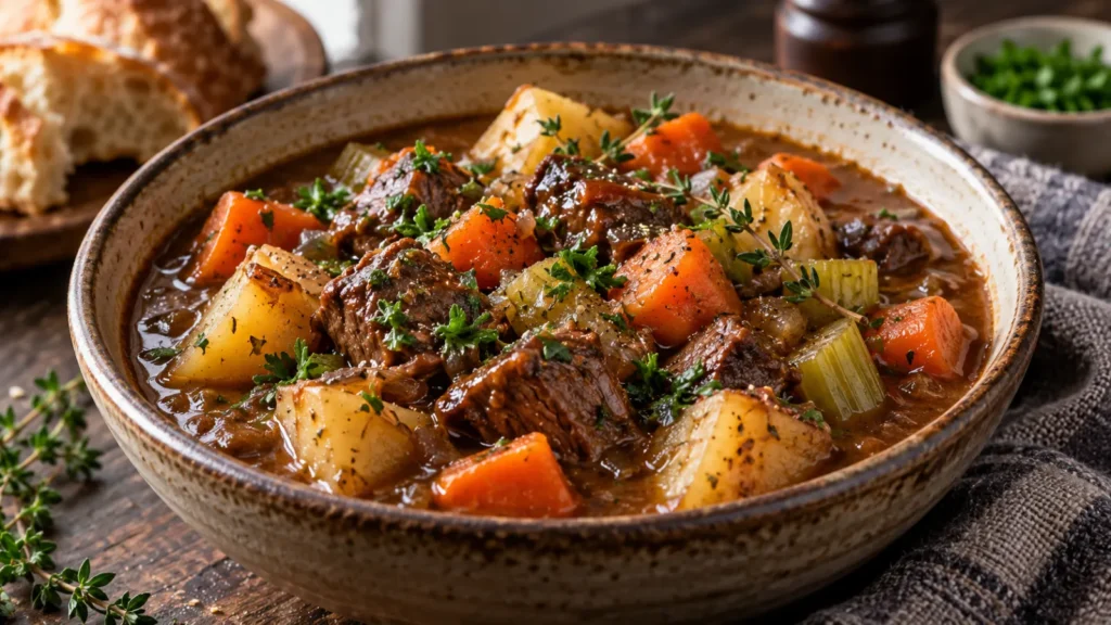 A large bowl of slow-cooked beef stew with fresh parsley and thyme, served in a rustic bowl