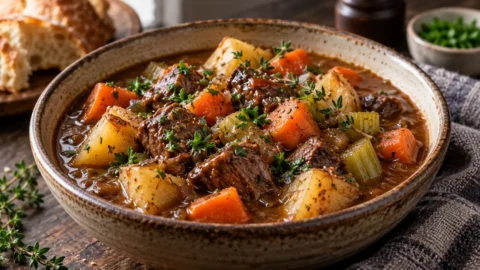 A large bowl of slow-cooked beef stew with fresh parsley and thyme, served in a rustic bowl