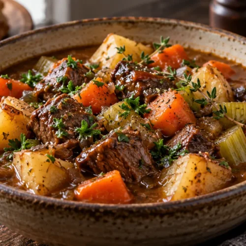 A large bowl of slow-cooked beef stew with fresh parsley and thyme, served in a rustic bowl