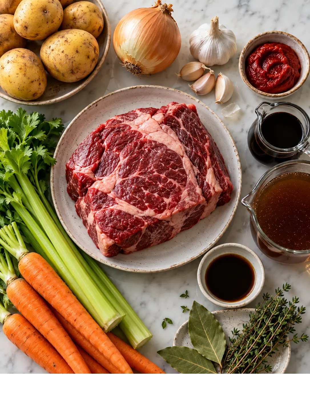 A flat-lay of ingredients for the crockpot beef stew, including beef, onion, garlic, and vegetables
