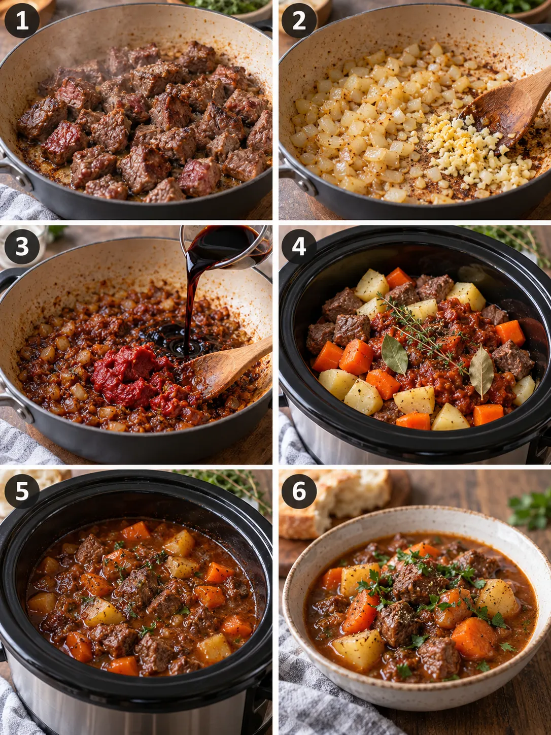 A step-by-step guide to making crockpot beef stew, including browning the beef and cooking the stew