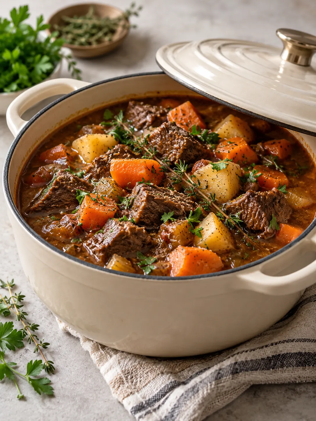 A large, airtight container of crockpot beef stew, garnished with fresh parsley and thyme