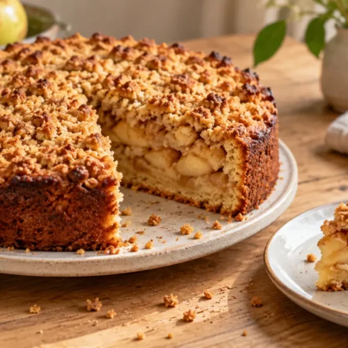 A freshly baked apple crumble cake with a golden brown crumb topping and a hint of cinnamon, placed on a light wood kitchen table.