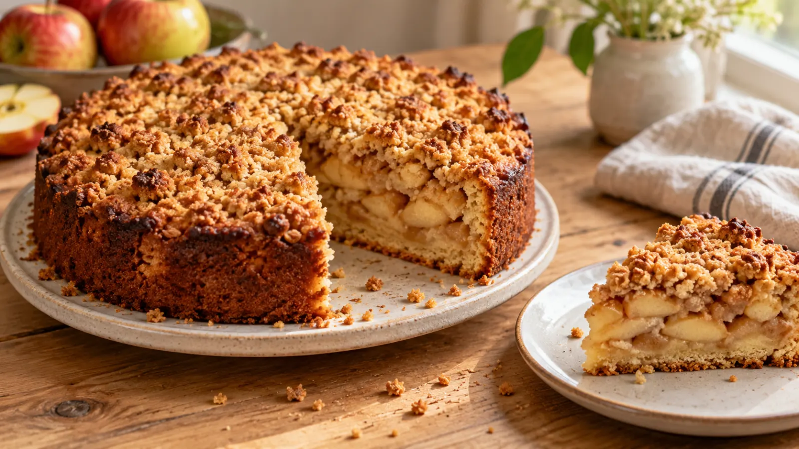 A freshly baked apple crumble cake with a golden brown crumb topping and a hint of cinnamon, placed on a light wood kitchen table.