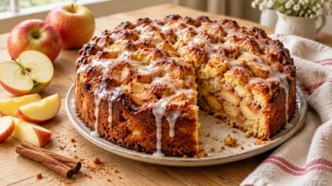 A freshly baked apple fritter cake with a golden brown crust and a delicate glaze drizzle, placed on a light wood kitchen table with sliced apples and cinnamon sticks around it.