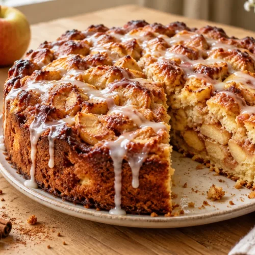 A freshly baked apple fritter cake with a golden brown crust and a delicate glaze drizzle, placed on a light wood kitchen table with sliced apples and cinnamon sticks around it.