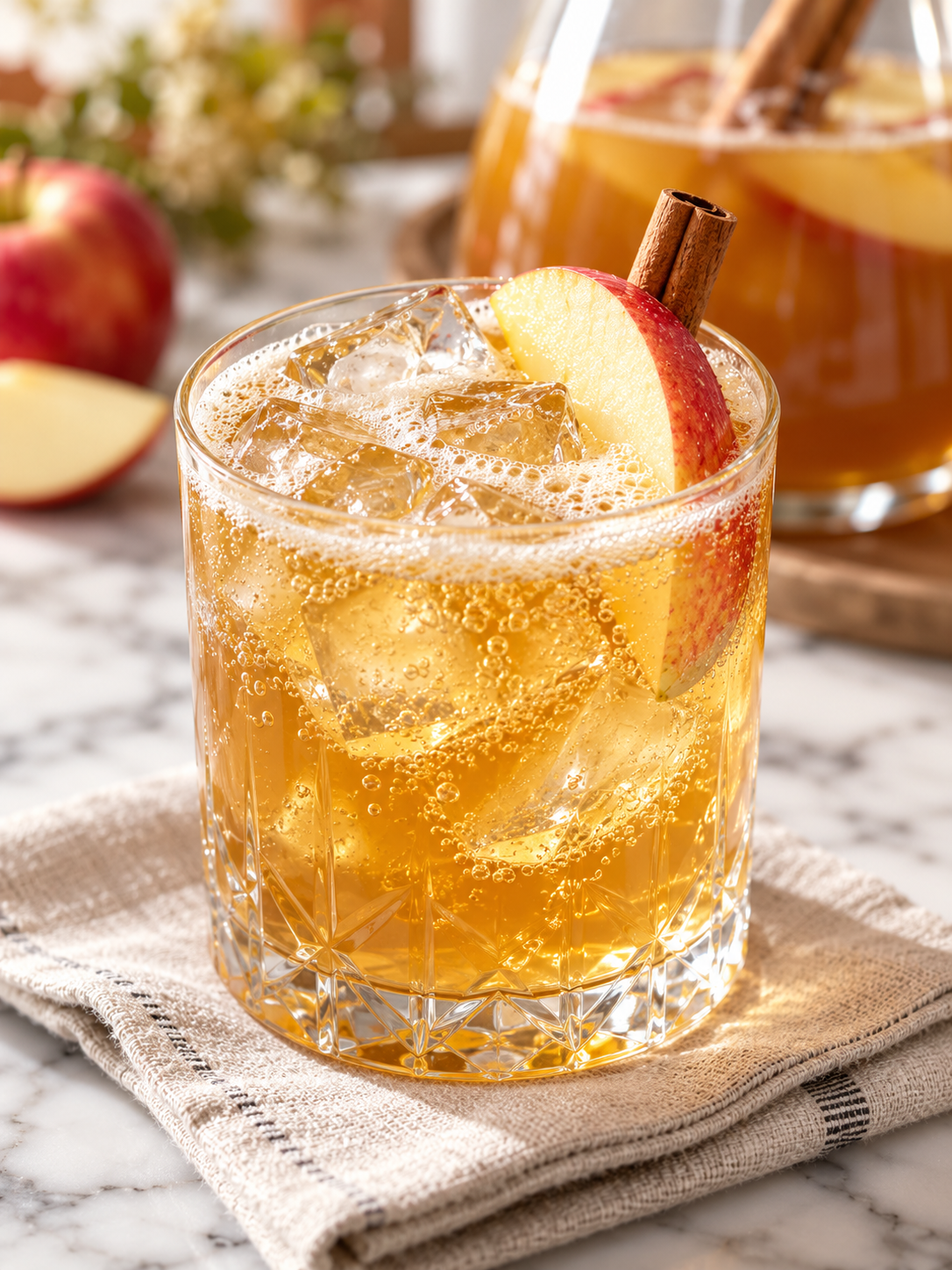 A close-up of a single mocktail glass with ice, bubbles from ginger beer, and a fresh apple slice garnish.