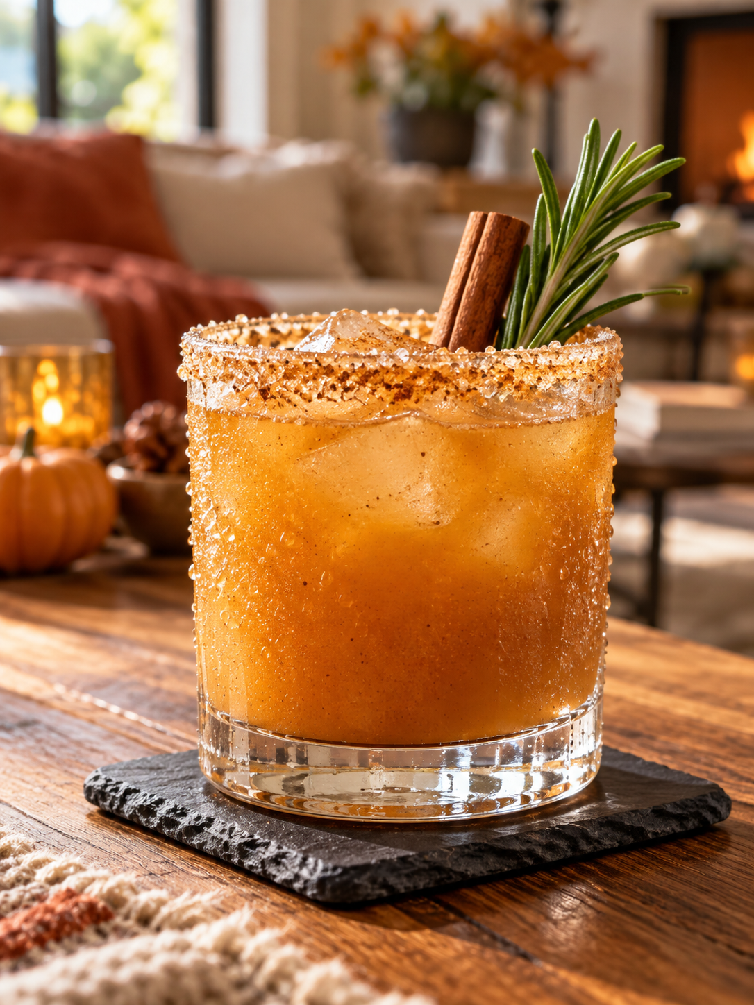 A close-up shot of a single pumpkin mocktail on a coaster, showing realistic condensation and a spiced rim.