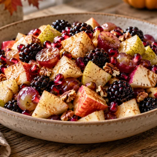 A wide-angle editorial shot of a colorful fall fruit salad in a ceramic bowl featuring apples, pears, grapes, and blackberries on a wooden table.