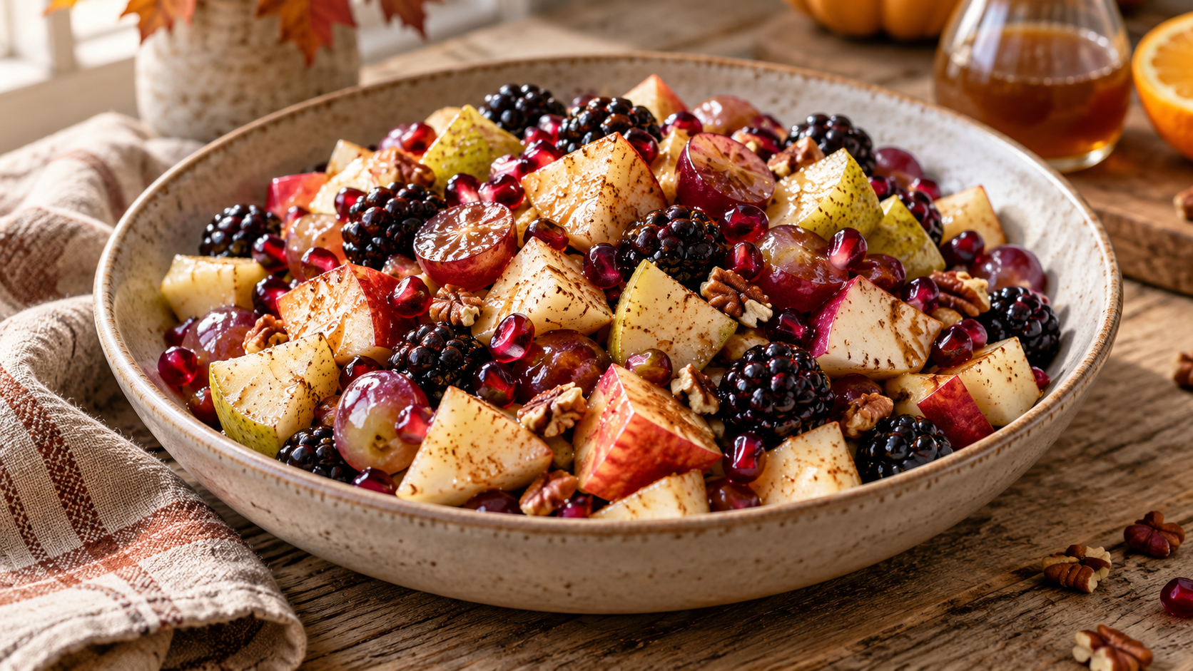 A wide-angle editorial shot of a colorful fall fruit salad in a ceramic bowl featuring apples, pears, grapes, and blackberries on a wooden table.