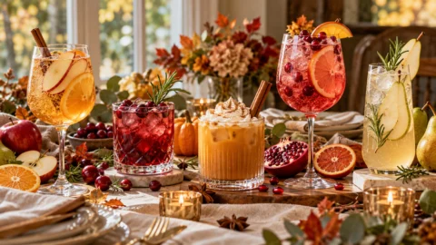 A selection of five fall mocktails, including sparkling apple cider, cranberry rosemary, spiced pumpkin, pomegranate citrus spritz, and rosemary pear sparkler, arranged on a dining table