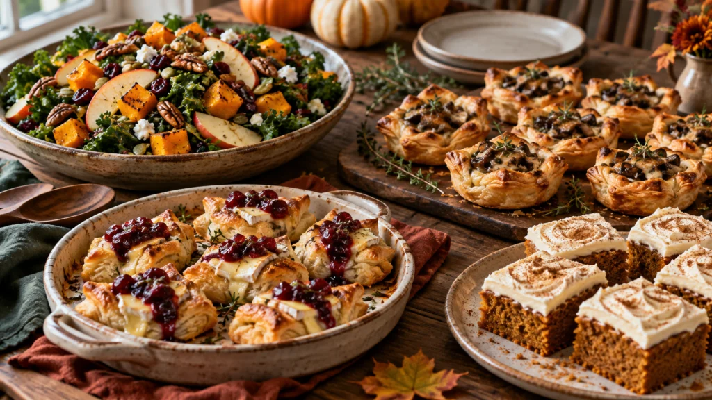 A rustic wooden table filled with various fall potluck dishes including kale salad, mushroom tartlets, cranberry brie bites, and pumpkin bars.