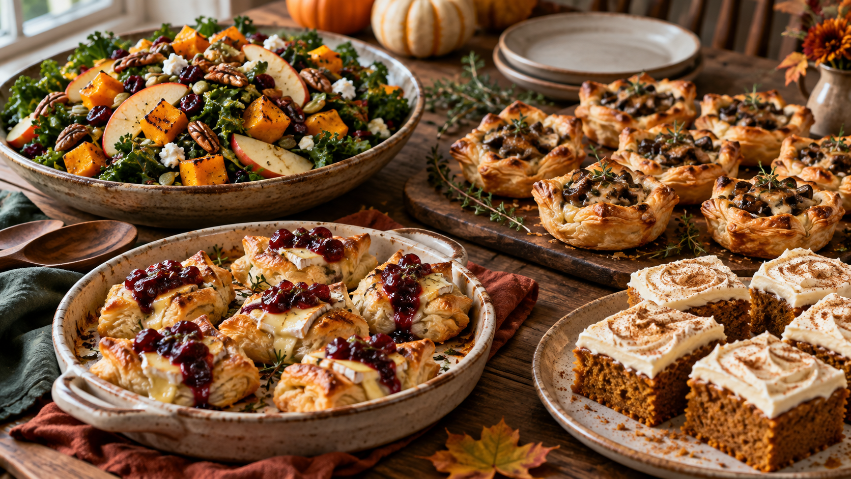 A rustic wooden table filled with various fall potluck dishes including kale salad, mushroom tartlets, cranberry brie bites, and pumpkin bars.