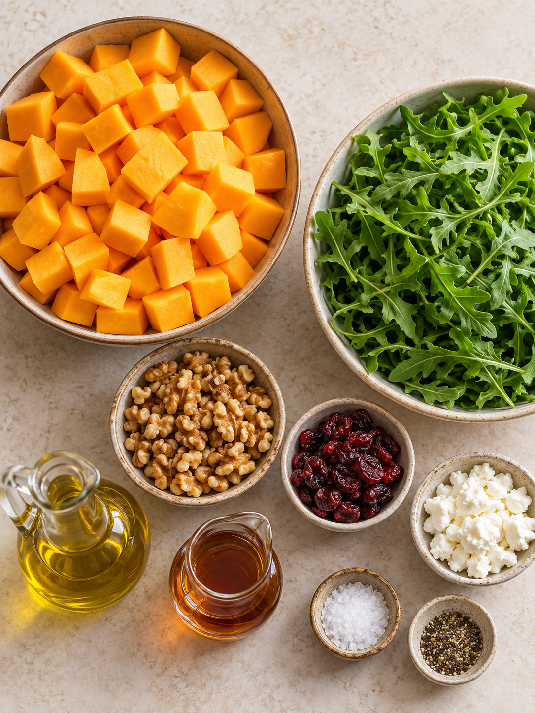 A flat-lay of ingredients for the fall salad, including butternut squash, arugula, walnuts, dried cranberries, and goat cheese.
