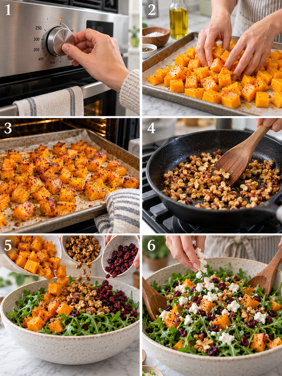 A step-by-step guide to making the fall salad with butternut squash, including roasting the squash and assembling the salad.