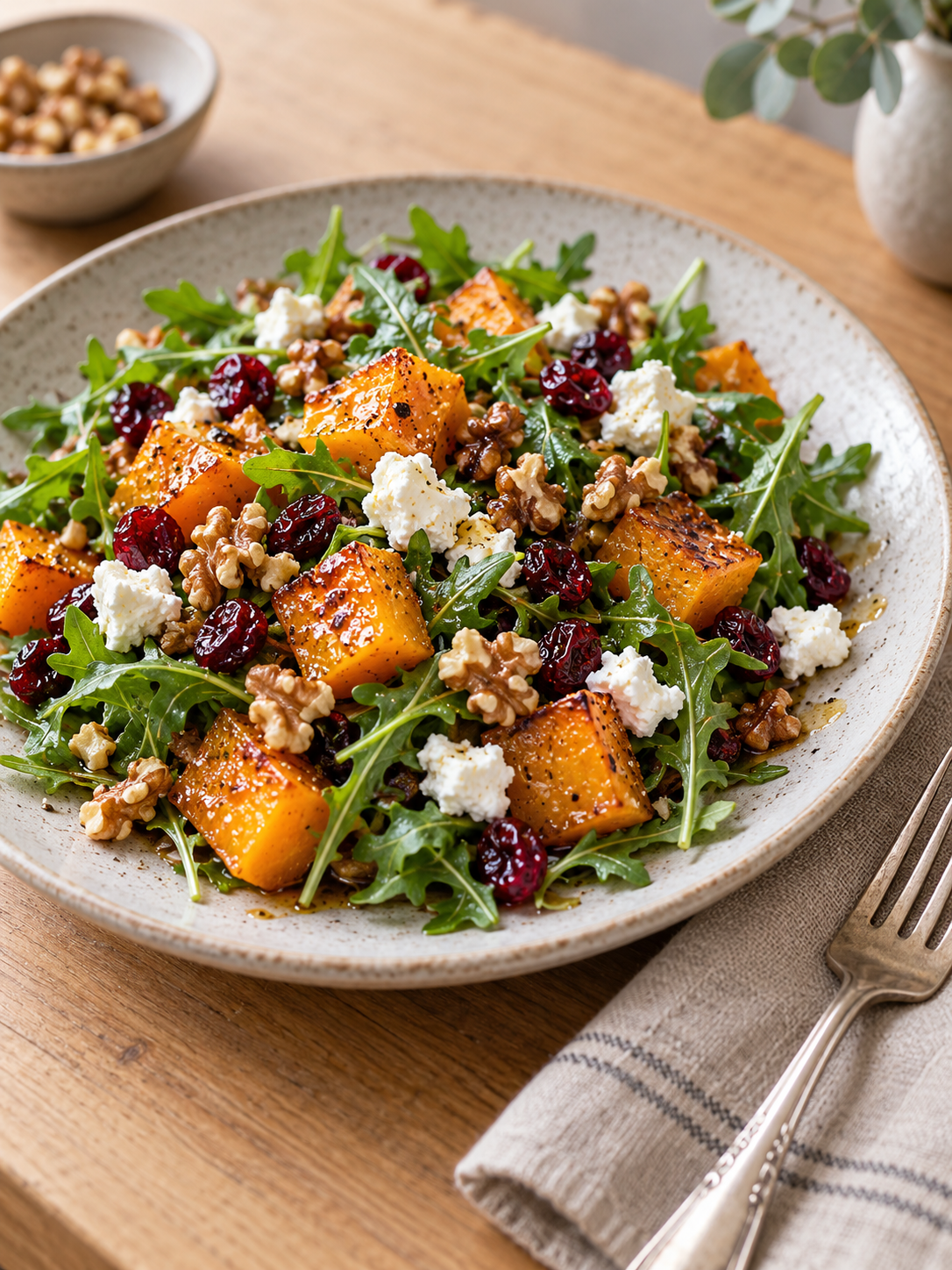 A beautifully presented serving of the fall salad with butternut squash, featuring the finished dish on a plate.