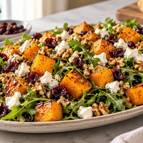 A delicious fall salad with roasted butternut squash, arugula, walnuts, dried cranberries, and crumbled goat cheese, all arranged on a plate.