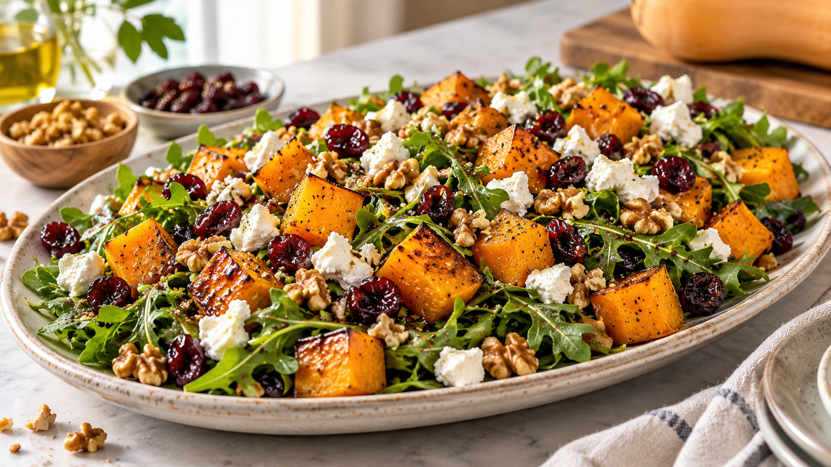 A delicious fall salad with roasted butternut squash, arugula, walnuts, dried cranberries, and crumbled goat cheese, all arranged on a plate.