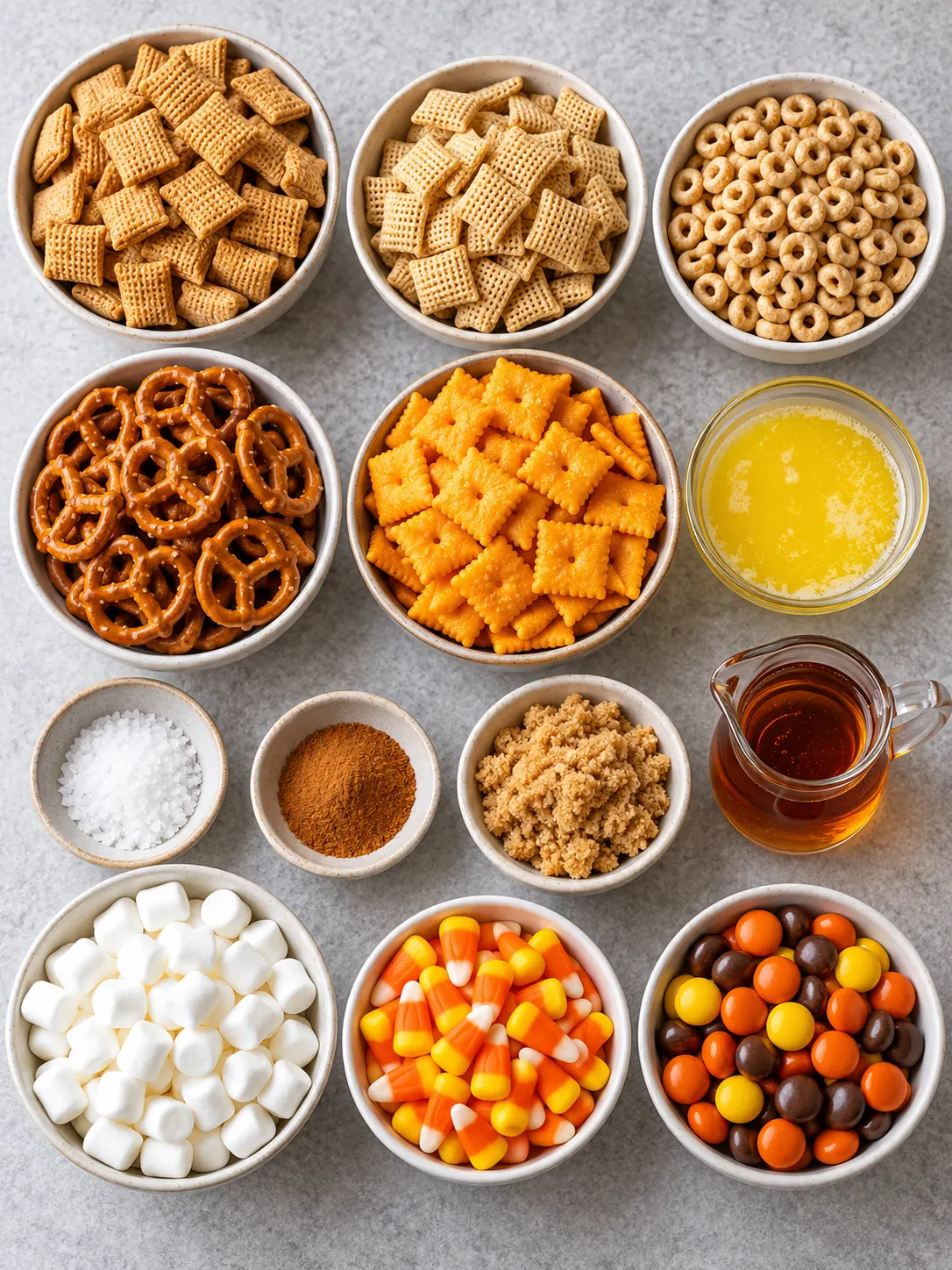 Thirteen small bowls containing cereals, pretzels, crackers, butter, spices, and fall-themed candies arranged neatly on a stone countertop.