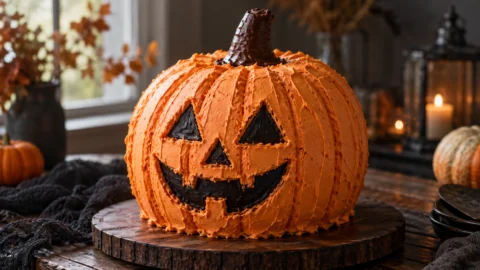 A large spherical cake shaped like a pumpkin with orange frosting, a black frosting Jack-O'-Lantern face, and a chocolate cone stem on a wooden surface.