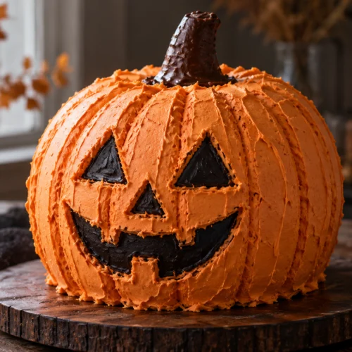 A large spherical cake shaped like a pumpkin with orange frosting, a black frosting Jack-O'-Lantern face, and a chocolate cone stem on a wooden surface.