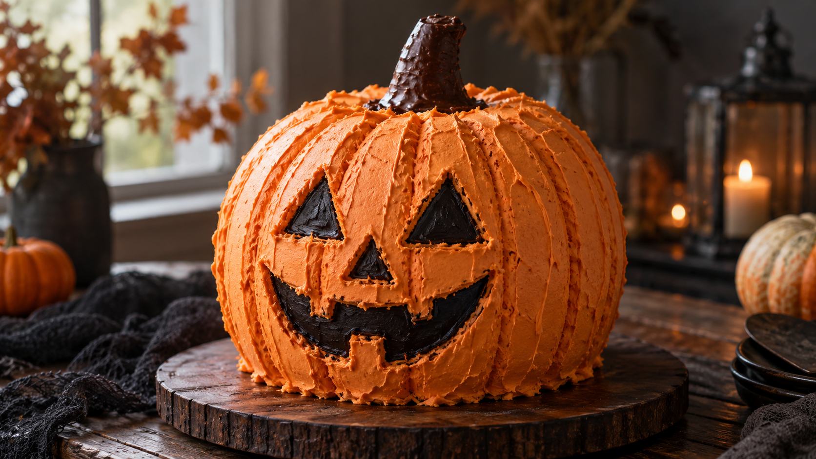 A large spherical cake shaped like a pumpkin with orange frosting, a black frosting Jack-O'-Lantern face, and a chocolate cone stem on a wooden surface.