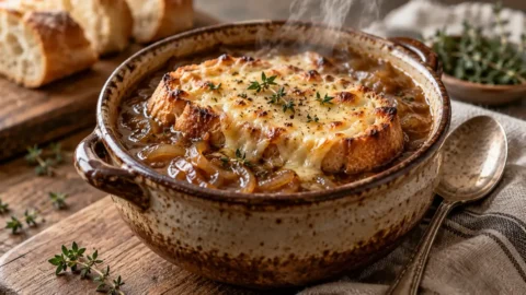 A steaming hot bowl of French onion soup without wine, topped with toasted baguette and melted Gruyère cheese