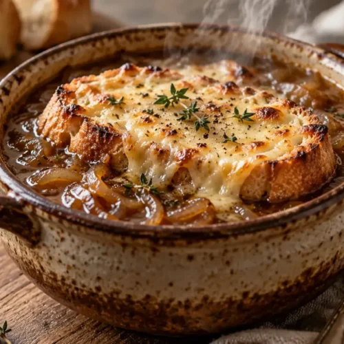 A steaming hot bowl of French onion soup without wine, topped with toasted baguette and melted Gruyère cheese