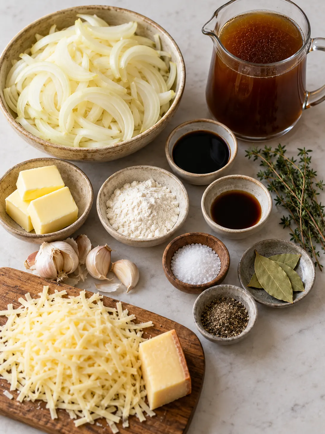 A selection of ingredients for French onion soup without wine, including onions, butter, garlic, and cheese