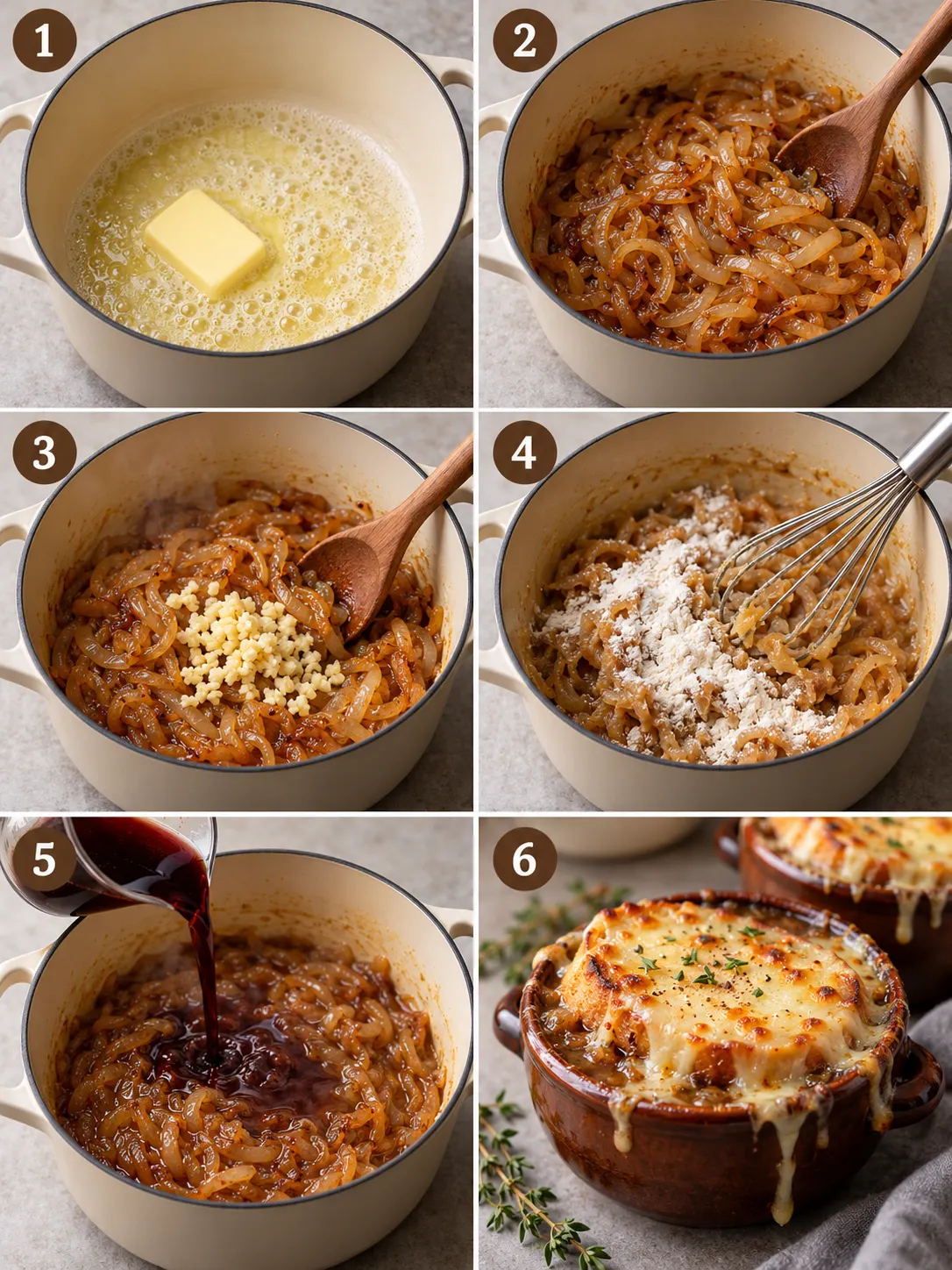 A step-by-step guide to making French onion soup without wine, including key cooking steps and ingredient preparation