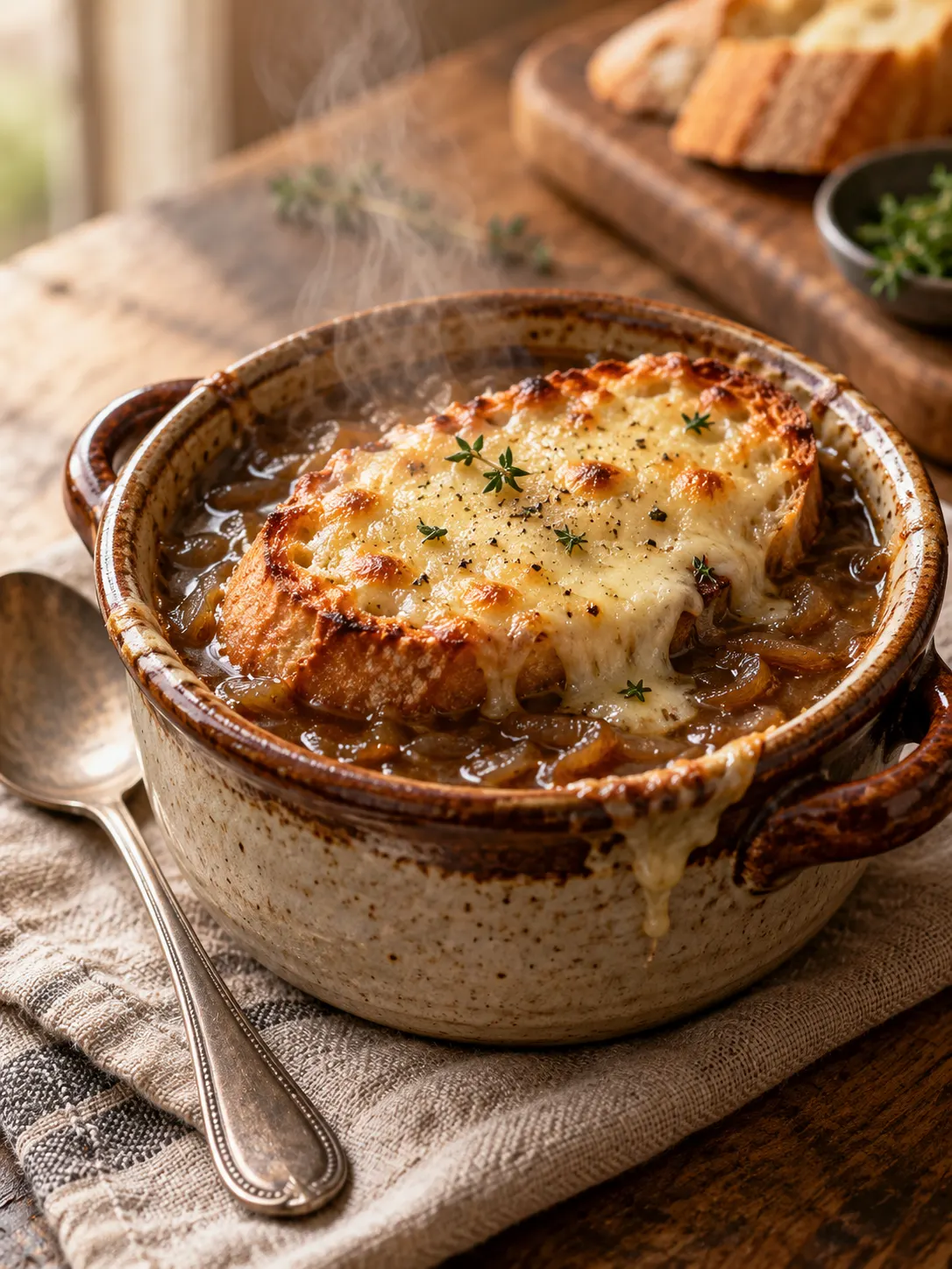 A steaming hot bowl of French onion soup without wine, topped with toasted baguette and melted Gruyère cheese, ready to serve