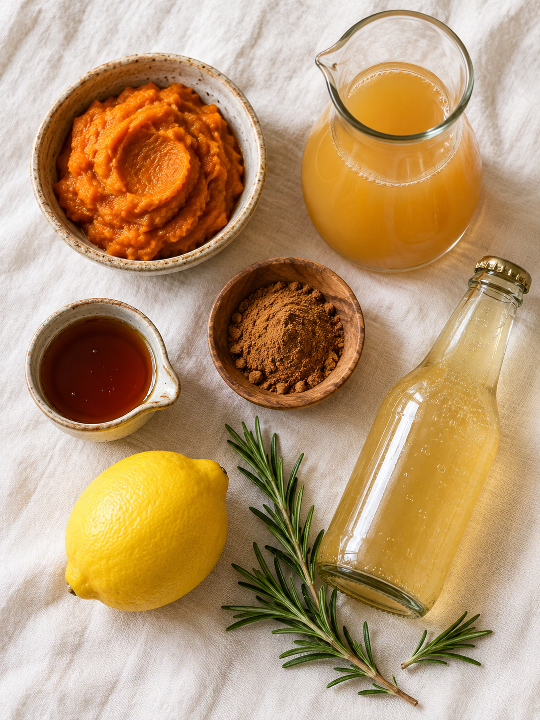 An overhead view of pumpkin puree, apple cider, spices, maple syrup, and ginger beer arranged on a white linen cloth.