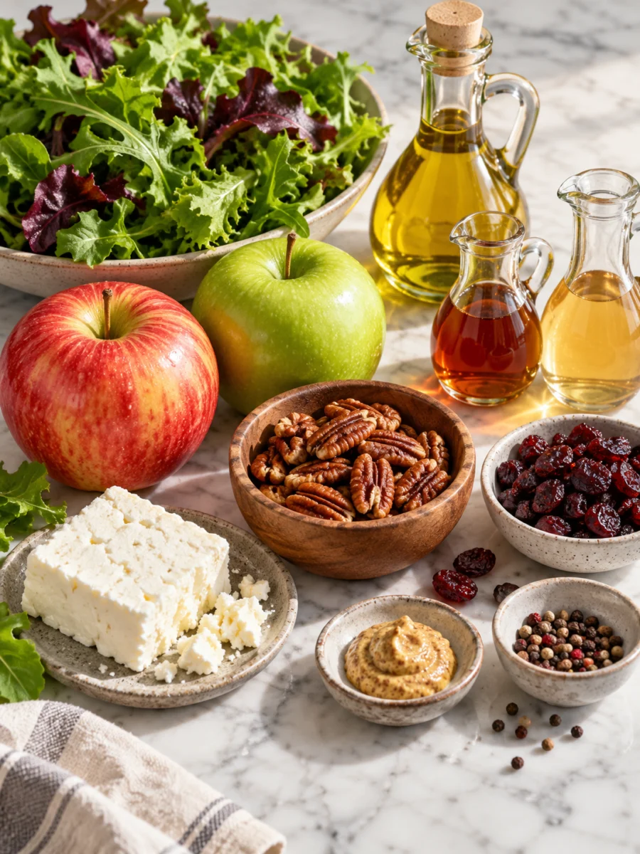 Fall Apple An overhead view of raw salad ingredients including whole apples, greens, pecans, cranberries, feta, and vinaigrette components like olive oil and maple syrup.