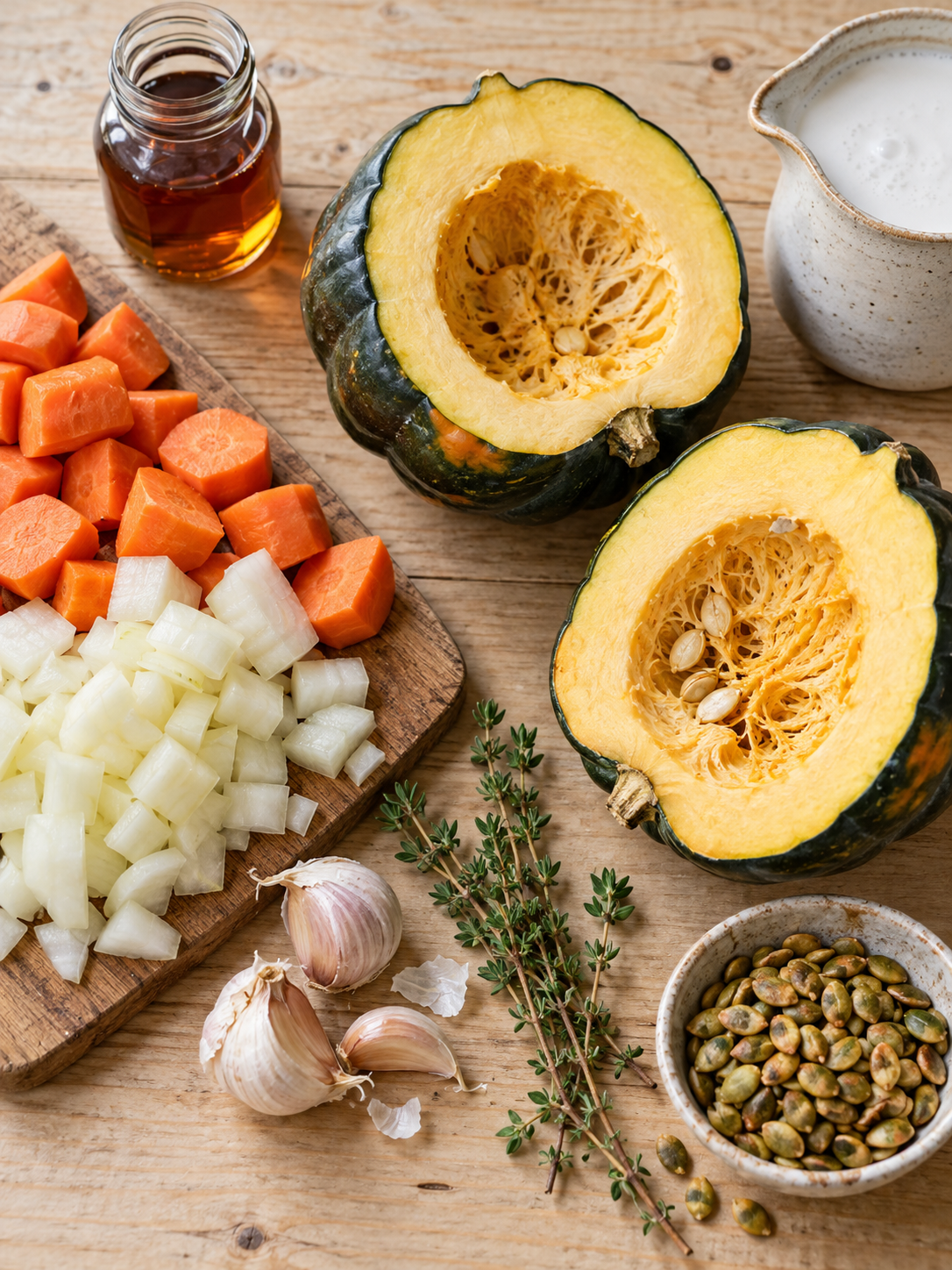 Halved acorn squashes, chopped carrots, onions, garlic, thyme, and coconut cream arranged on a wooden table.