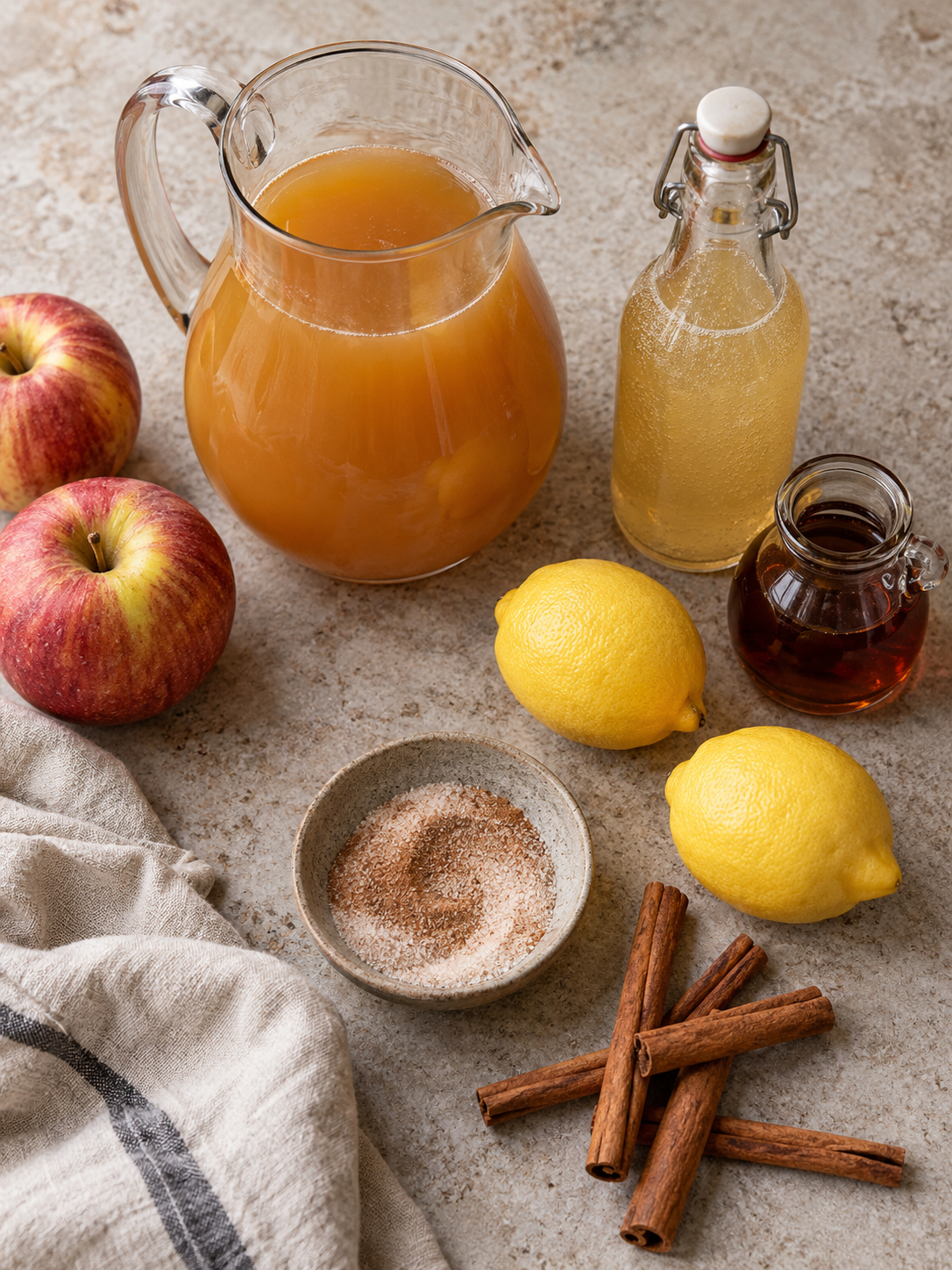A top-down view of apple cider, cinnamon sticks, fresh lemons, maple syrup, and non-alcoholic ginger beer.