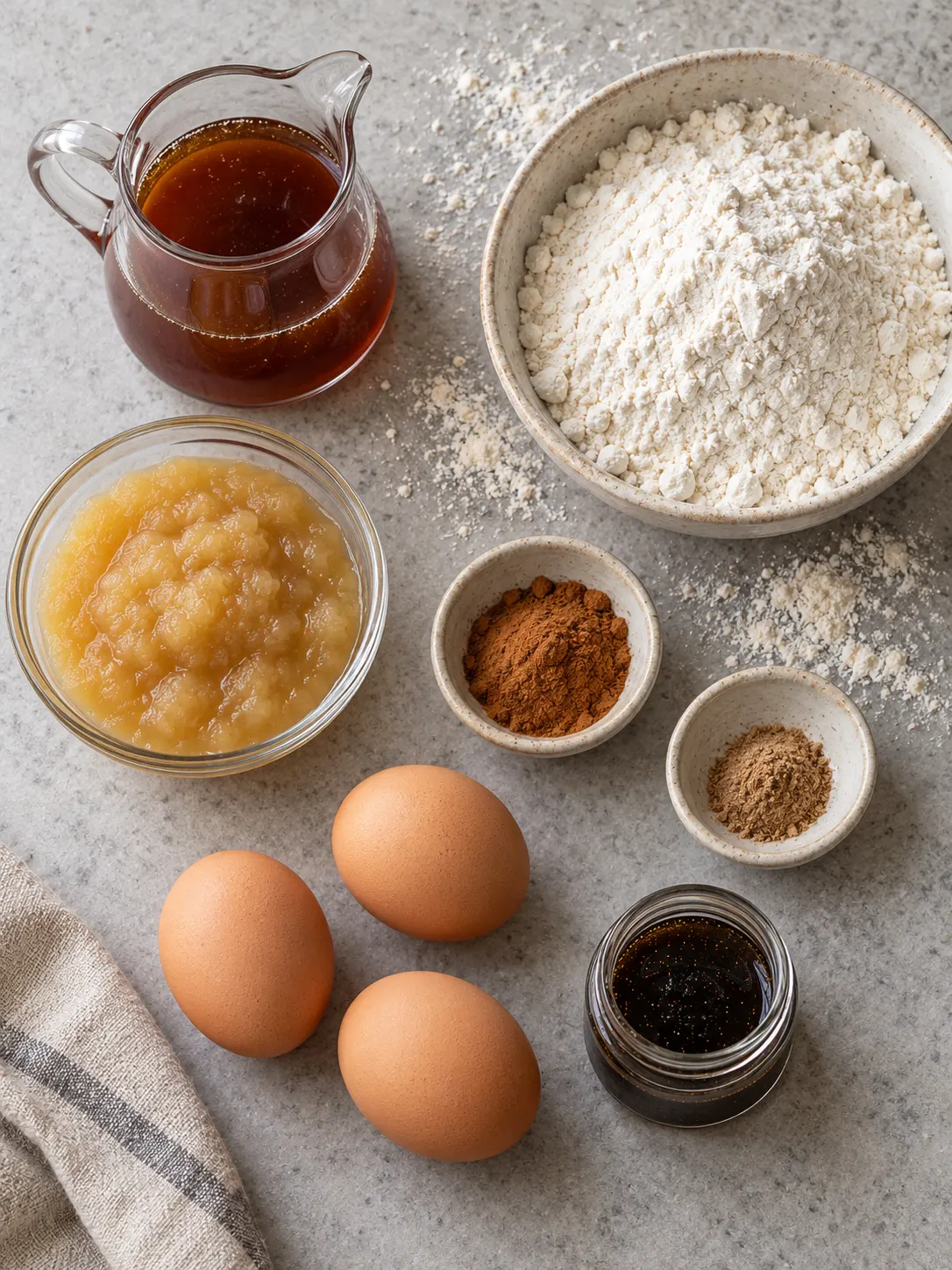 An overhead arrangement of flour, spices, dark apple cider reduction, eggs, and applesauce on a stone countertop.