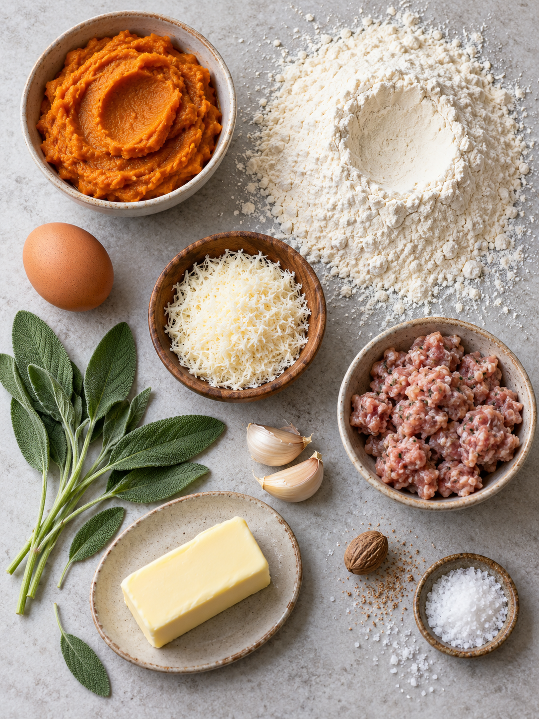 Raw ingredients for gnocchi including pumpkin puree, flour, an egg, Parmesan cheese, fresh sage, and chicken sausage arranged on a stone surface.