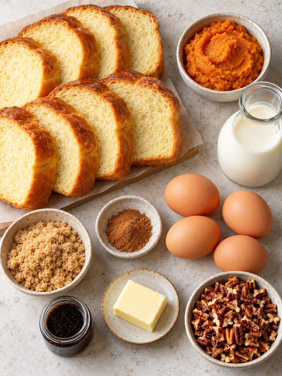 Slices of brioche bread, pumpkin puree, eggs, spices, and pecans arranged neatly on a stone counter.