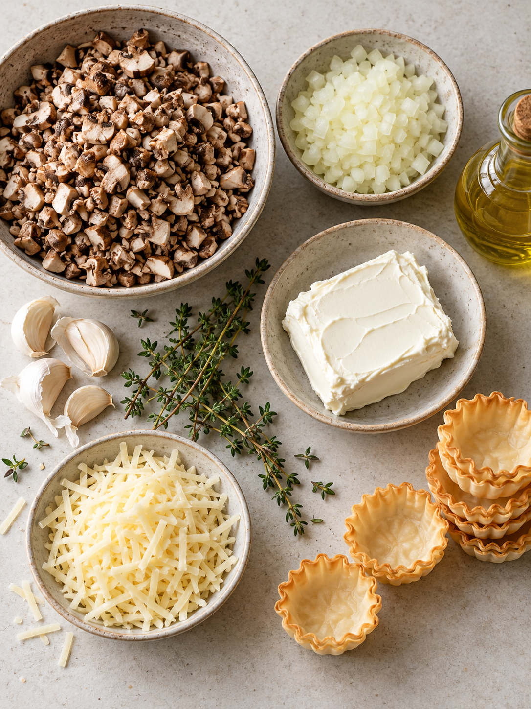 A top-down view of raw ingredients including chopped mushrooms, shredded cheese, cream cheese, onions, garlic, and thyme sprigs.