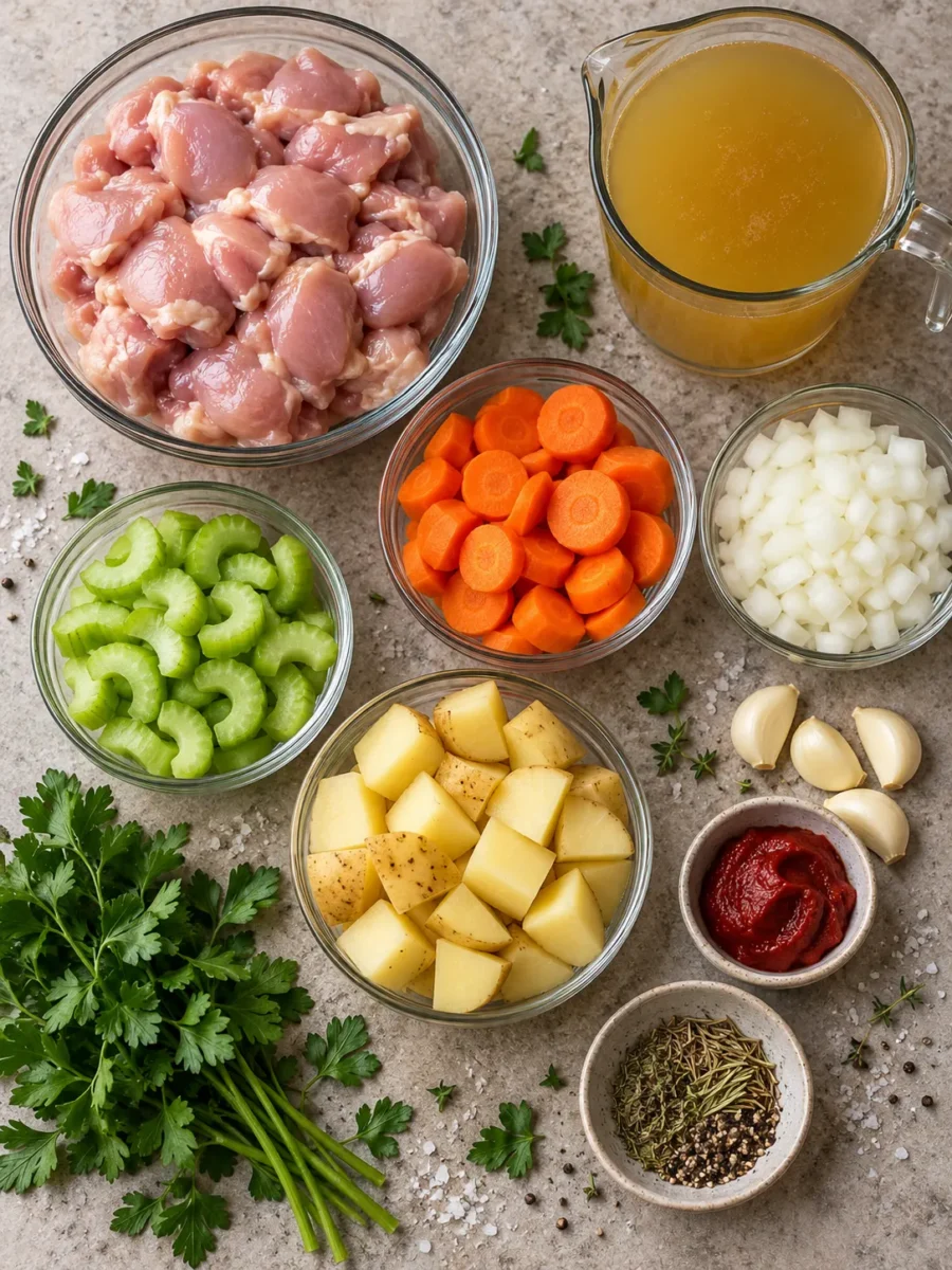 Slow Cooker A top-down view of raw ingredients including cubed chicken, chopped vegetables, chicken broth, and fresh herbs laid out on a stone surface.