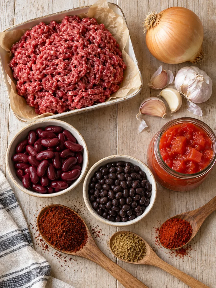 Crockpot Chili A flat-lay view of ground beef, beans, onion, garlic, and colorful spices arranged on a light wooden surface.