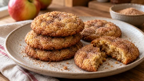 A stack of three golden-brown apple cider cookies, coated in cinnamon sugar, on a light ceramic plate. One cookie is gently broken, showing its soft interior.