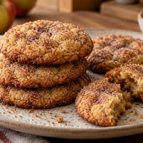 A stack of three golden-brown apple cider cookies, coated in cinnamon sugar, on a light ceramic plate. One cookie is gently broken, showing its soft interior.