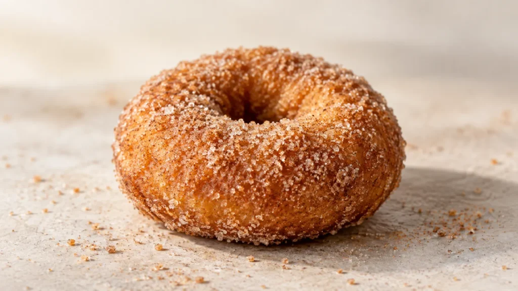 A single, golden-brown apple cider donut with a sugar coating, on a neutral surface