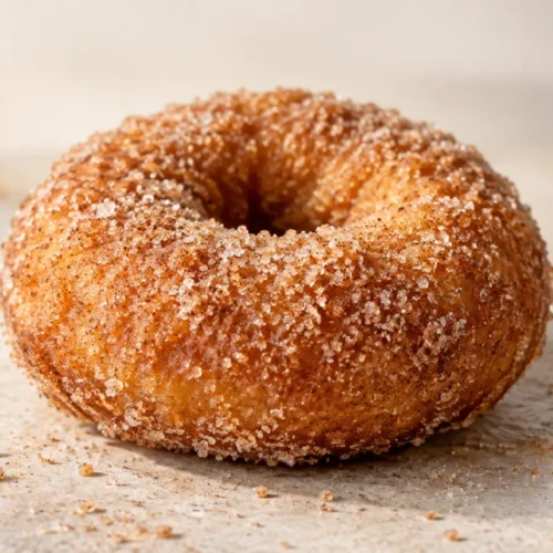 A single, golden-brown apple cider donut with a sugar coating, on a neutral surface