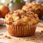 A golden-brown apple cinnamon muffin on a light wood kitchen table, with a few muffins in the background