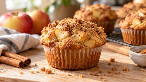 A golden-brown apple cinnamon muffin on a light wood kitchen table, with a few muffins in the background