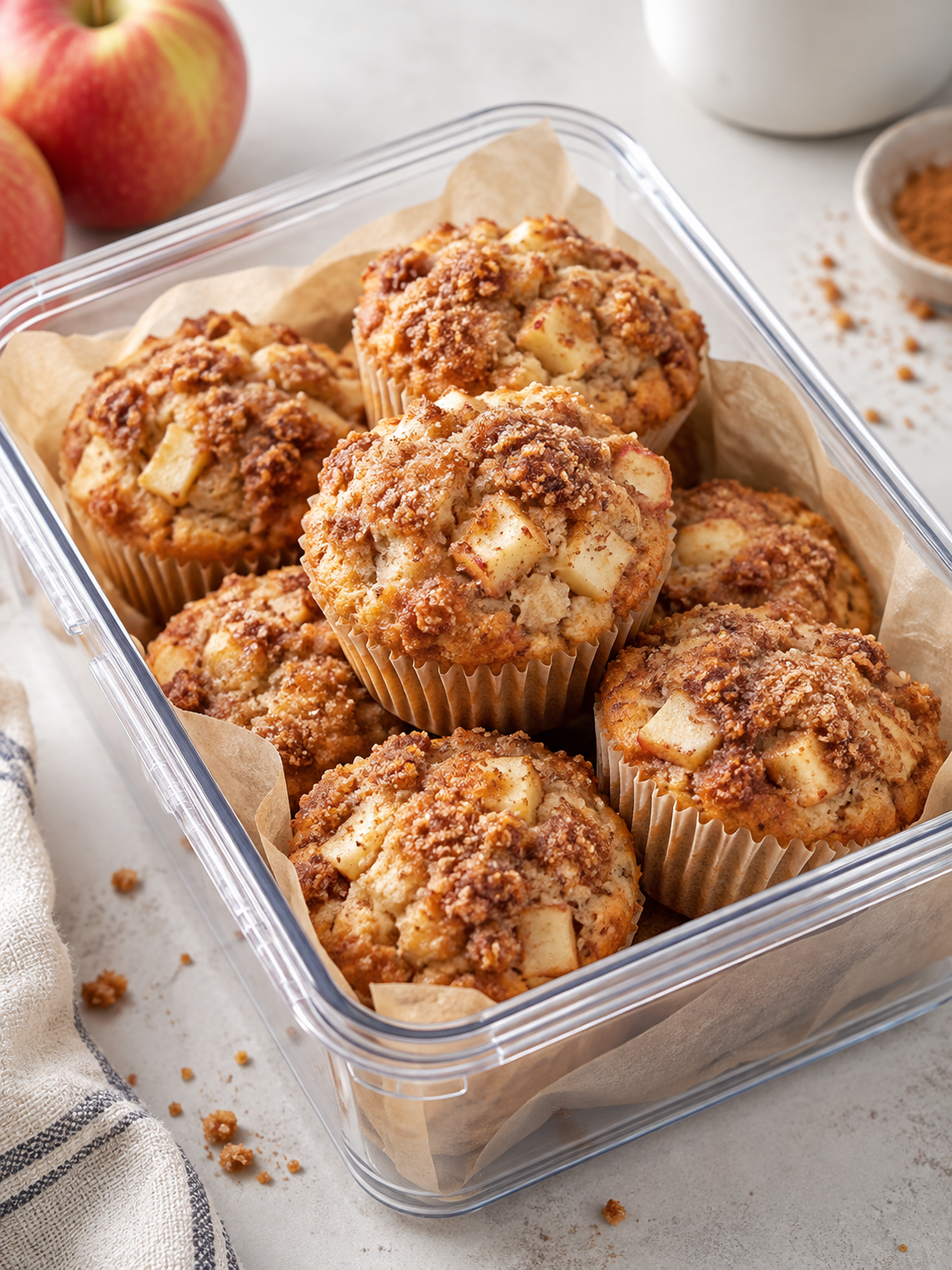 A storage container filled with freshly baked apple cinnamon muffins, with a few muffins on top and a clean background