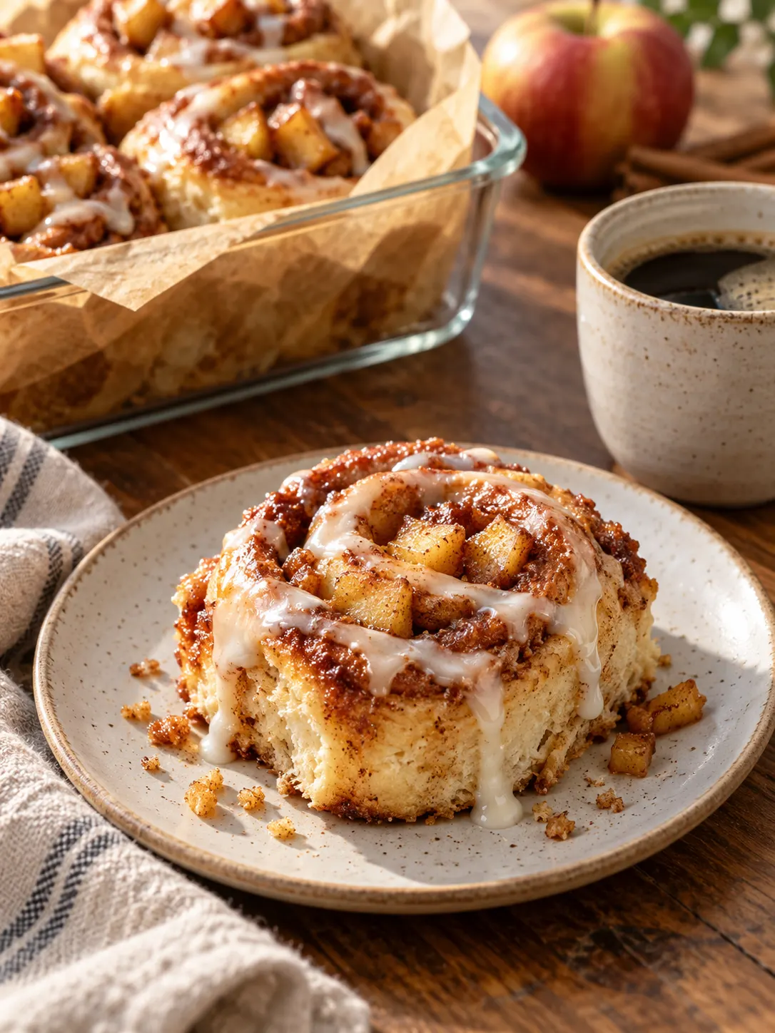 A few apple cinnamon rolls stored in a paper bag or a glass container, with a few rolls on a plate in the background